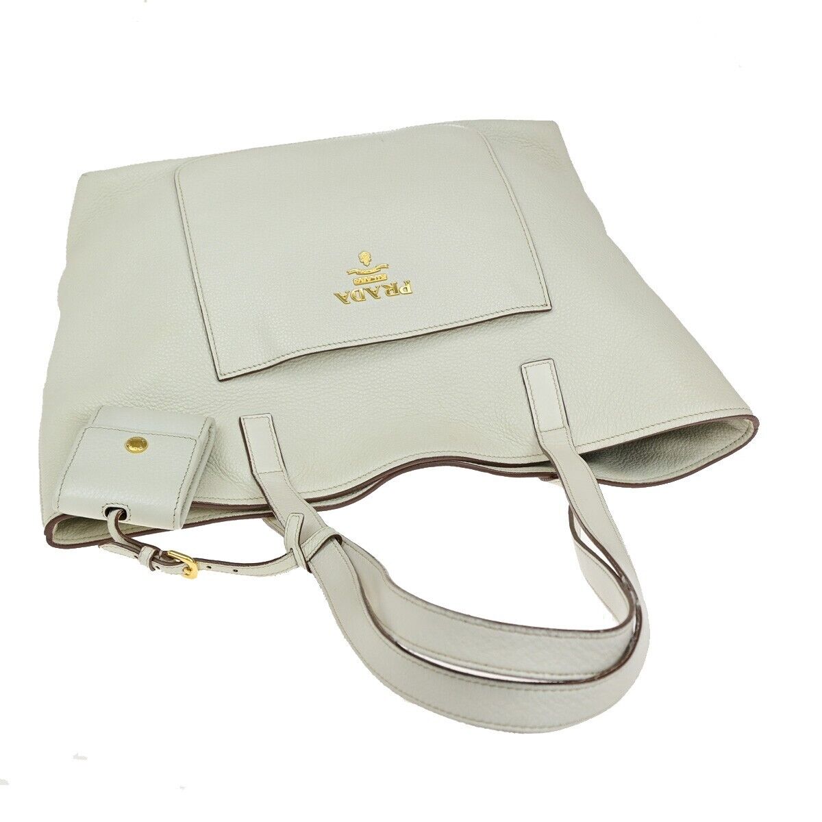 PRADA MILANO Logo Shoulder Hand Tote Bag Leather White Gold 86KA230