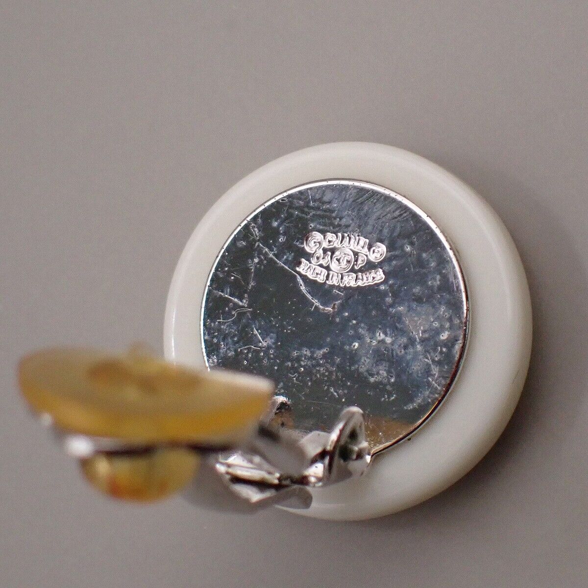 CHANEL CC Logo Clover Round Button Earrings 04P Clip-On White Silver 32YE499