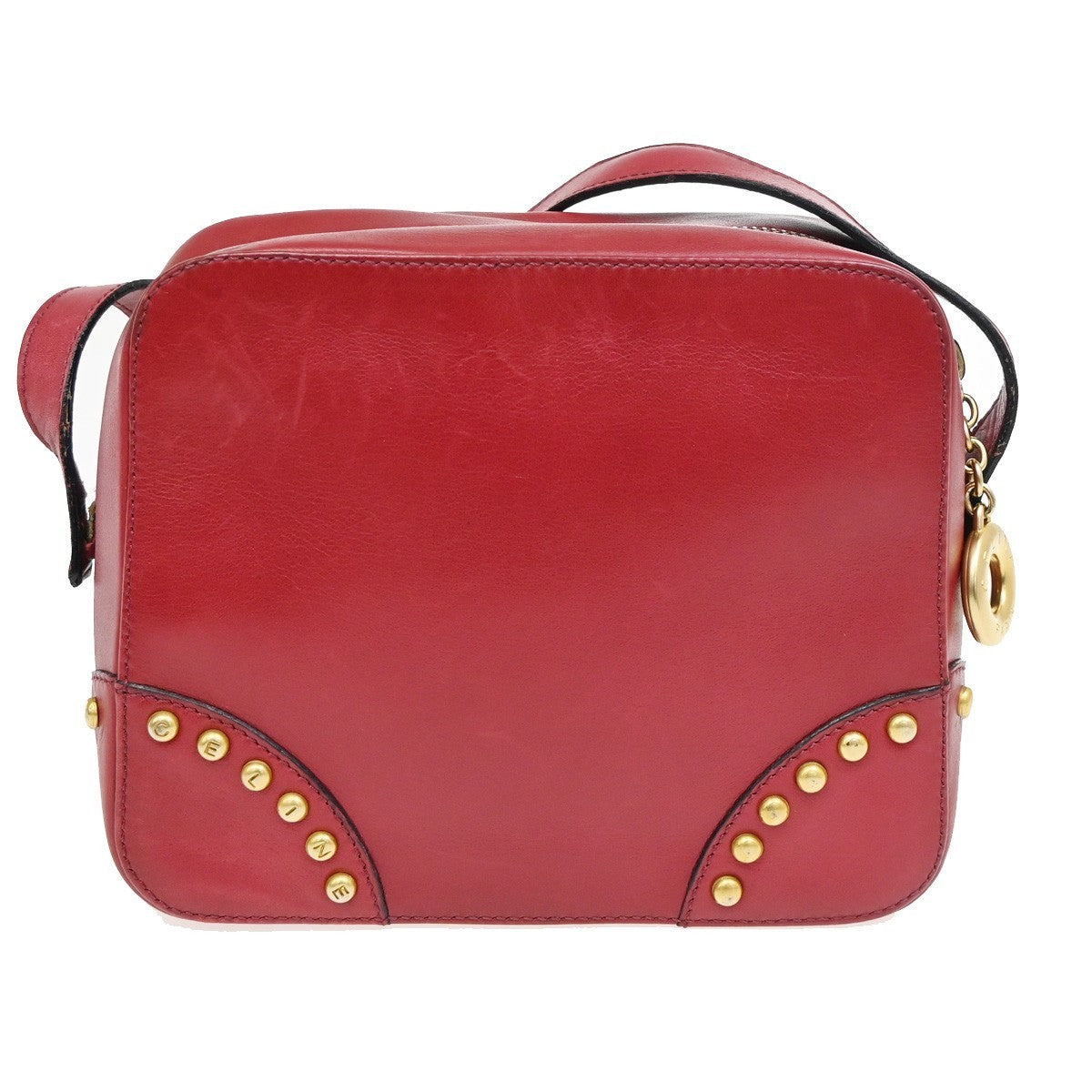 CELINE PARIS Logo Circle Studs Shoulder Bag Leather Red Gold Italy 62KP173