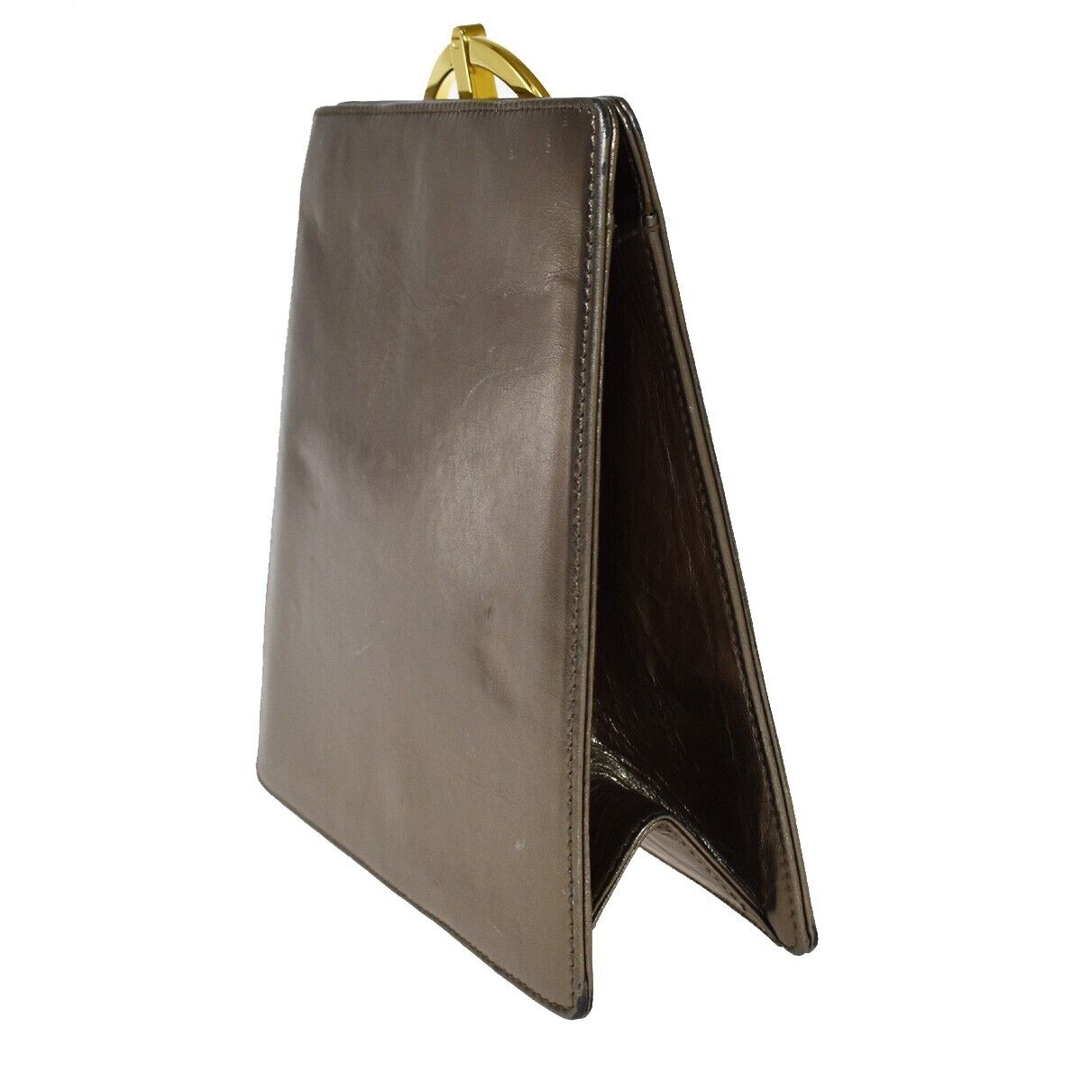 SALVATORE FERRAGAMO Gancini Metal Handle Clutch Hand Bag Leather Gold 62EA805