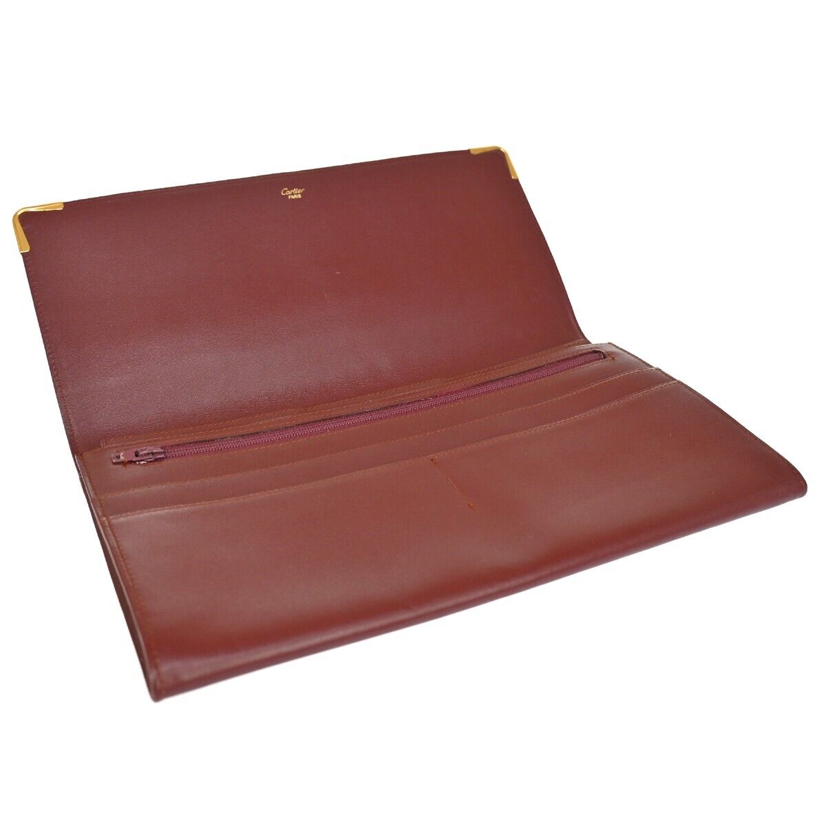 MUST DE CARTIER 2C Logo Wallet Clutch Hand Bag Leather Bordeaux Gold 07EA095