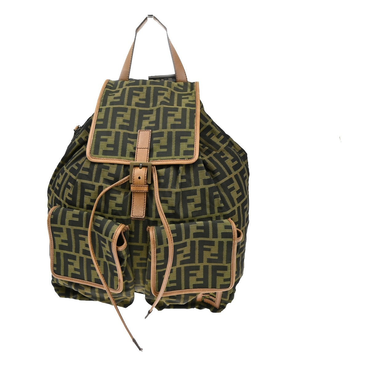 FENDI Logo Zucca Backpack Bag Canvas Leather Brown Khaki Italy 18KB450