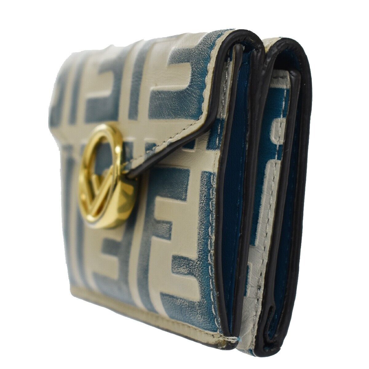 FENDI Zucca Pattern Mini Trifold Wallet Purse Leather Blue White Italy 61YD091