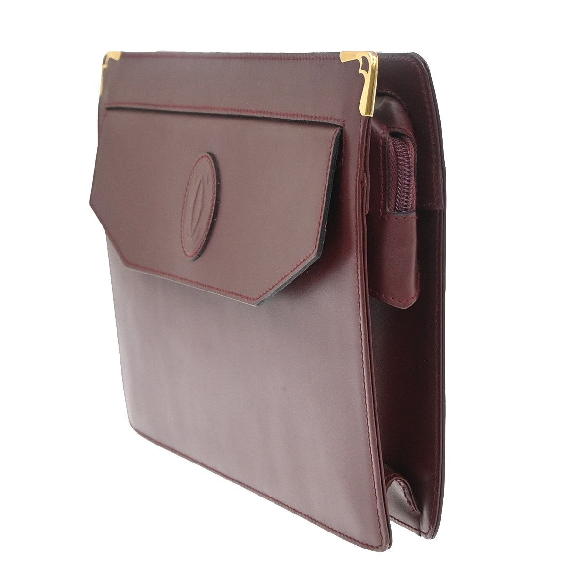 Must De Cartier 2C Clutch Hand Bag Leather Red Gold-Plated 01EF966