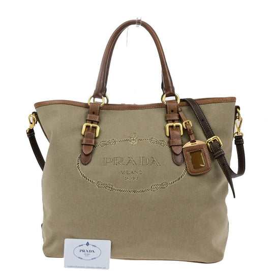 PRADA MILANO Logo Jacquard 2Way Shoulder Hand Bag Canvas Leather Brown 82EE119