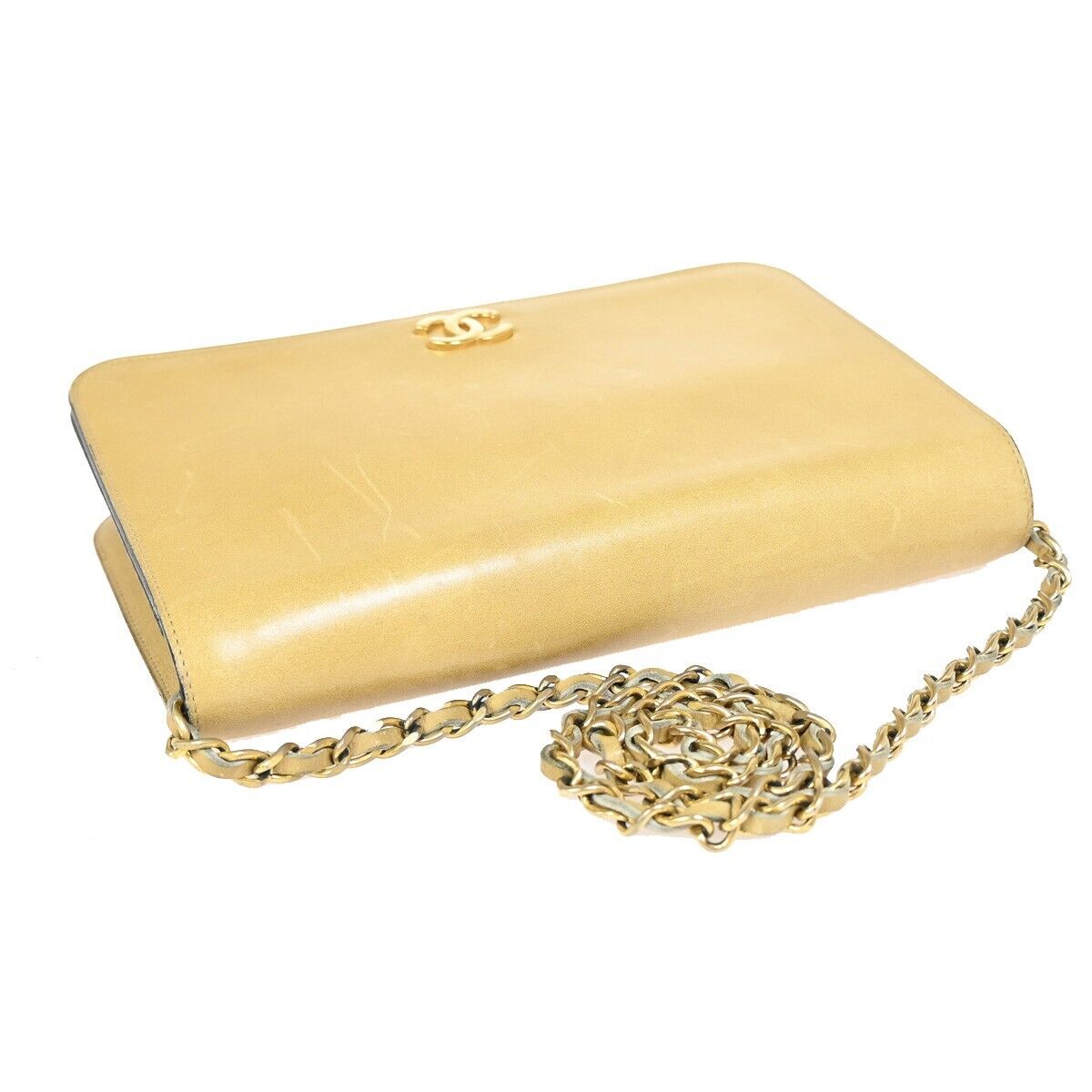 CHANEL CC Logo Chain Shoulder Bag Leather Beige GHW France Vintage 605EB035