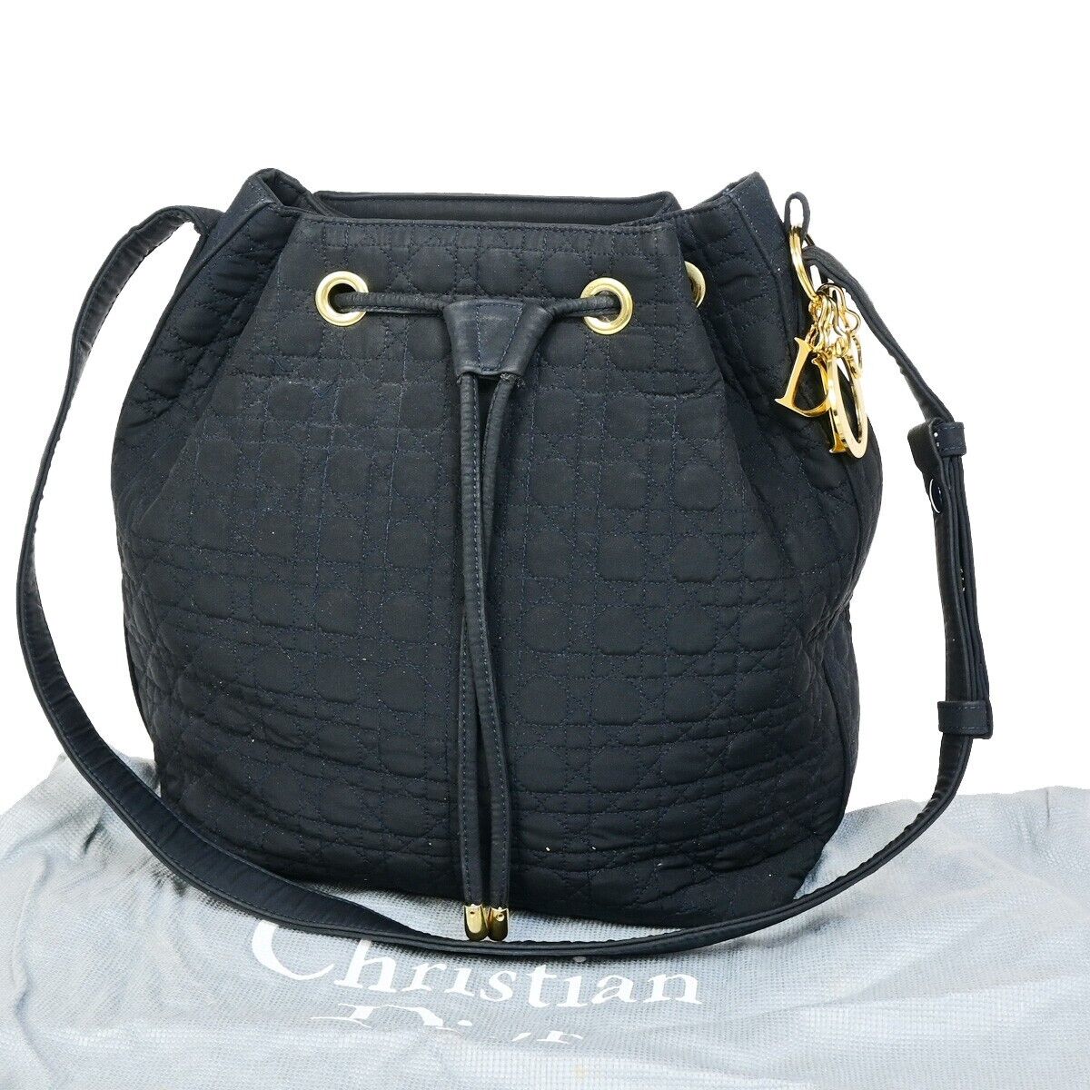 CHRISTIAN DIOR  Cannage Bucket Shoulder Bag Canvas Leather Navy Blue 86SH958