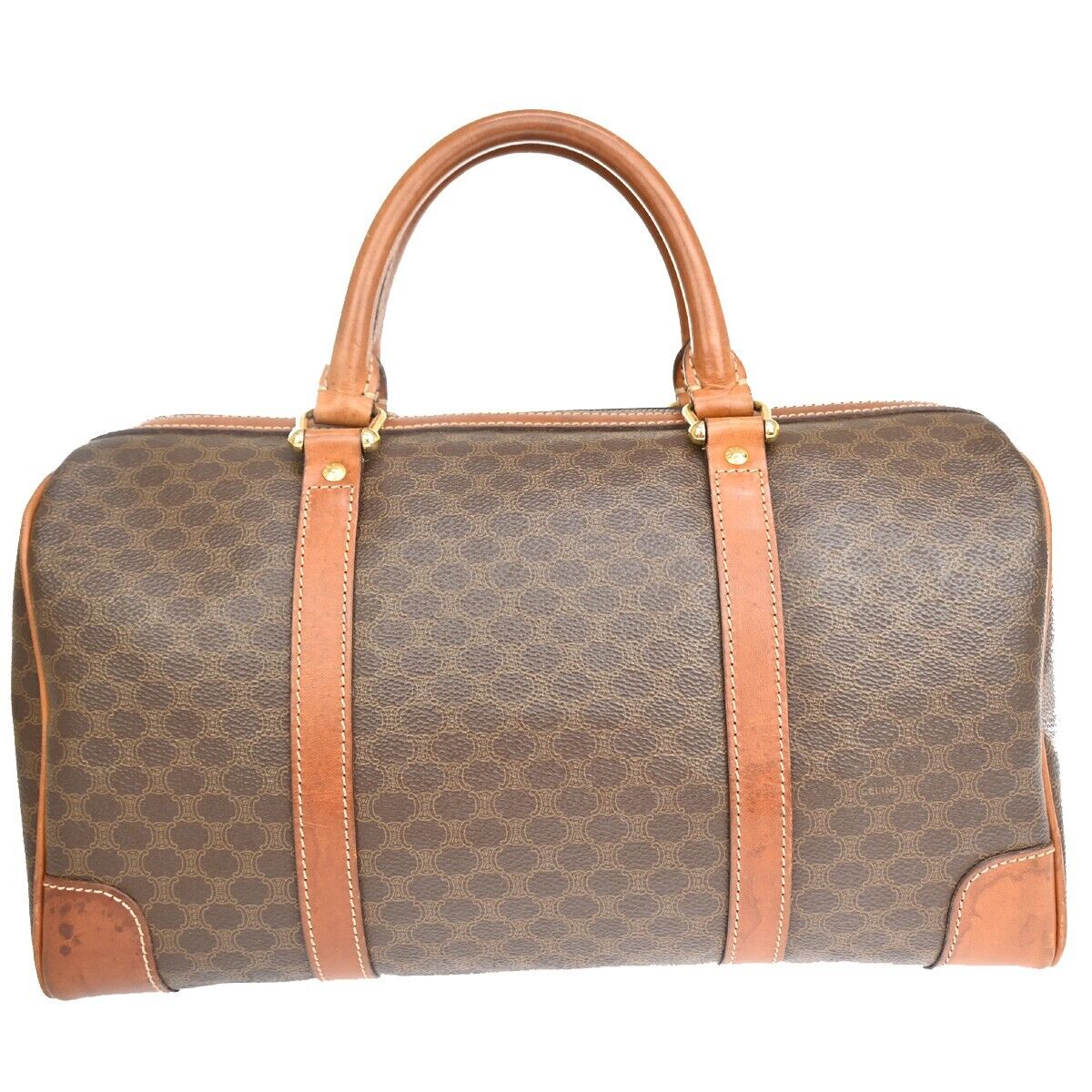 CELINE Macadam Pattern Travel Hand Bag PVC Leather Brown Gold Italy 68FA415