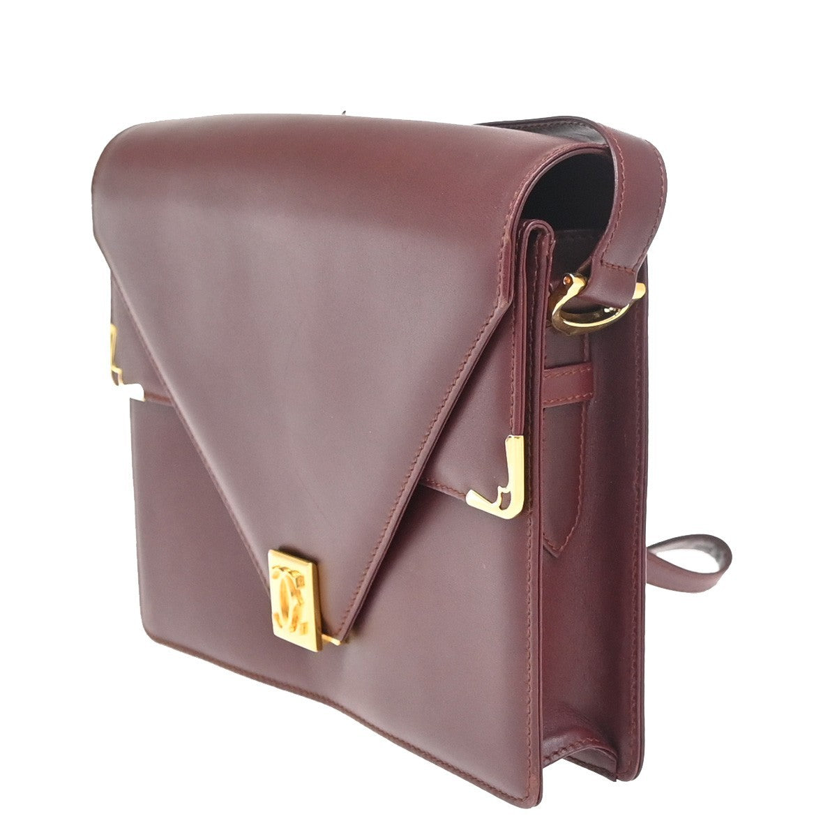 MUST DE CARTIER 2C Logo Two Flap Shoulder Bag Leather Bordeaux GHW Spain 37ZA278