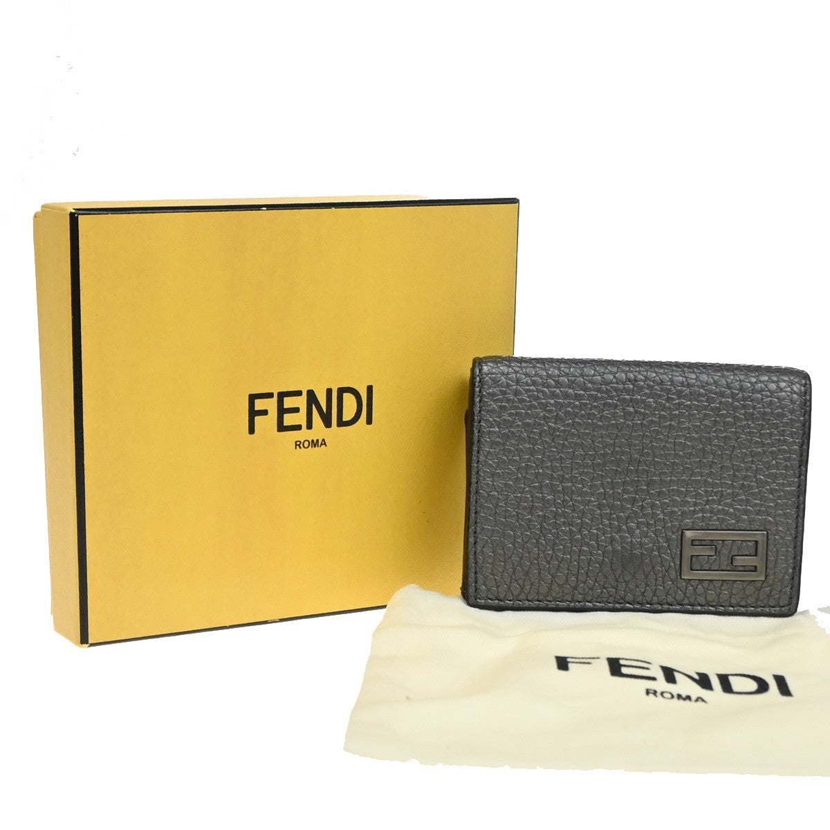 FENDI Logo Mini Trifold Campact Wallet Purse Leather Gray SHW Italy 31CA863