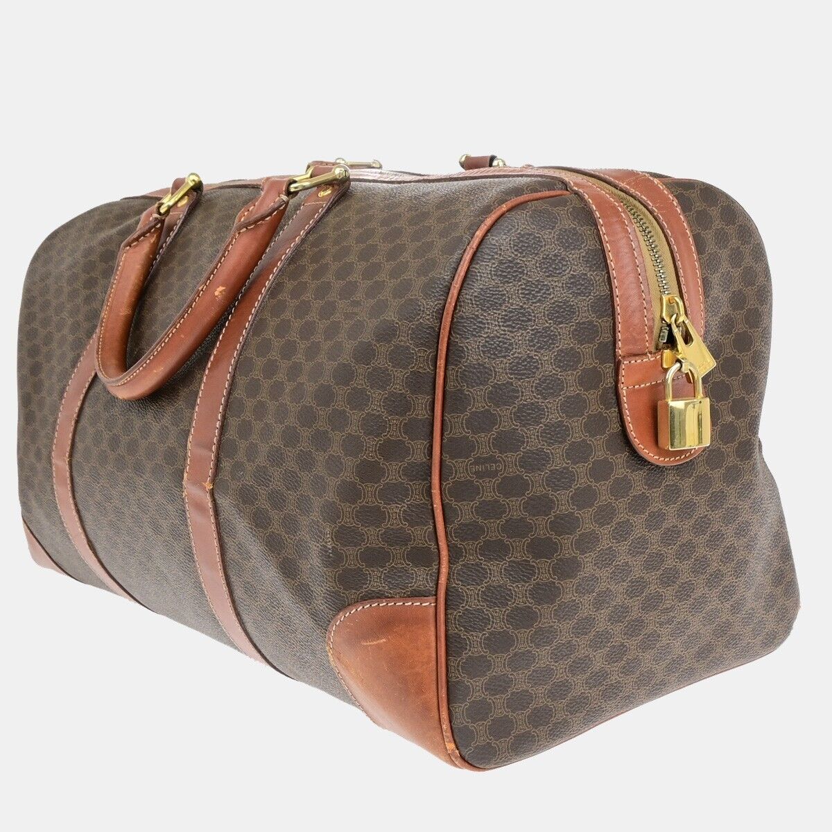 CELINE Macadam Pattern Travel Hand Bag PVC Leather Brown Gold Italy 64EB372