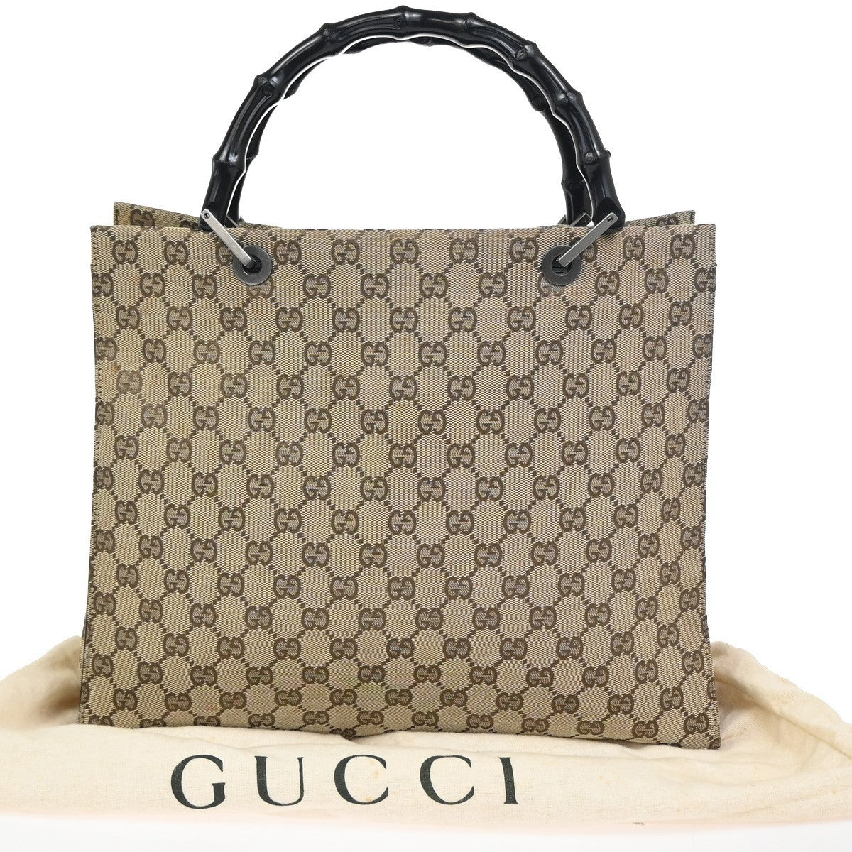 GUCCI Logo GG Pattern Hand Tote Bag Bamboo Canvas Leather BE Brown Italy 69ZA339