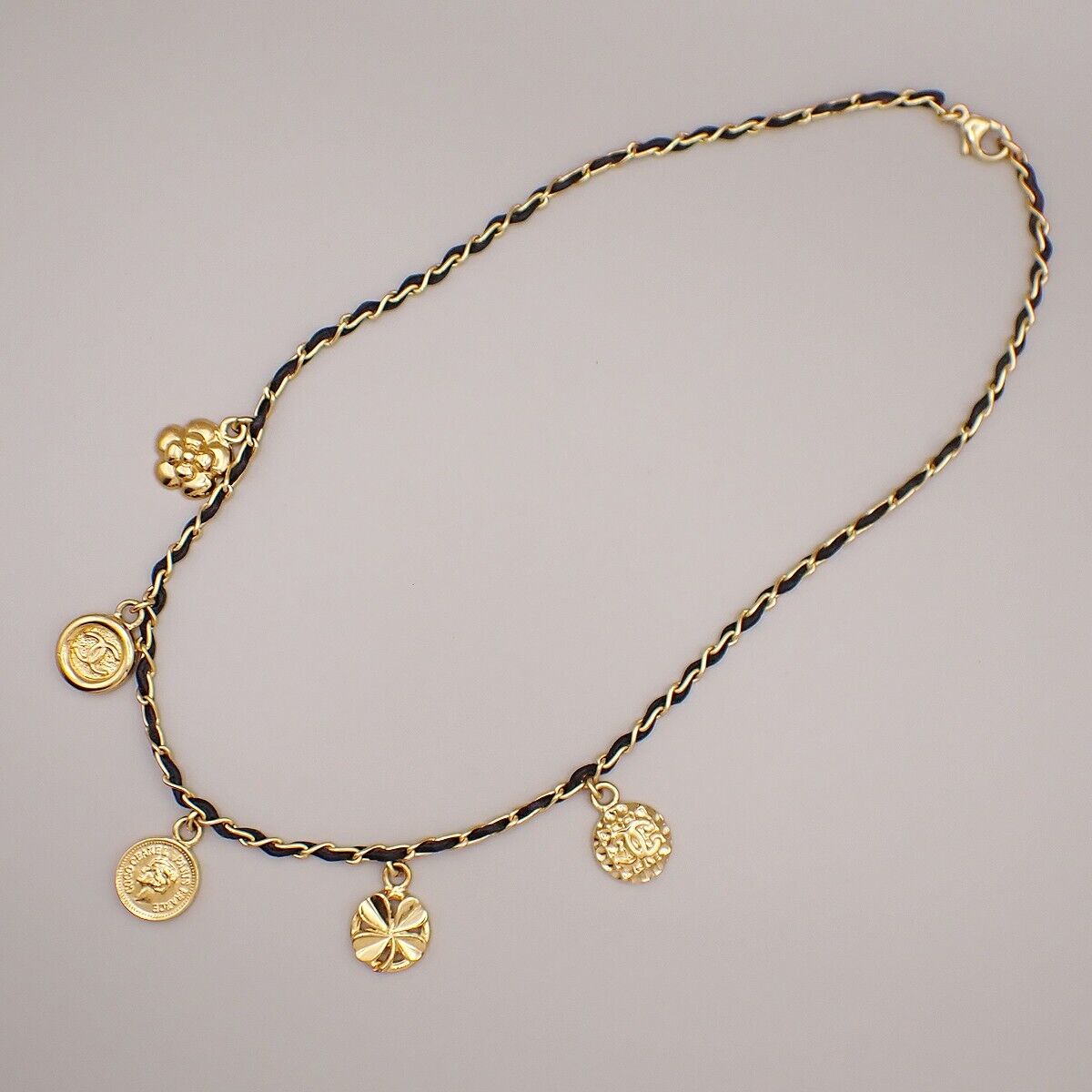CHANEL CC Camellia Clover Chain Necklace 96P Leather GHW Vintage 665RK645