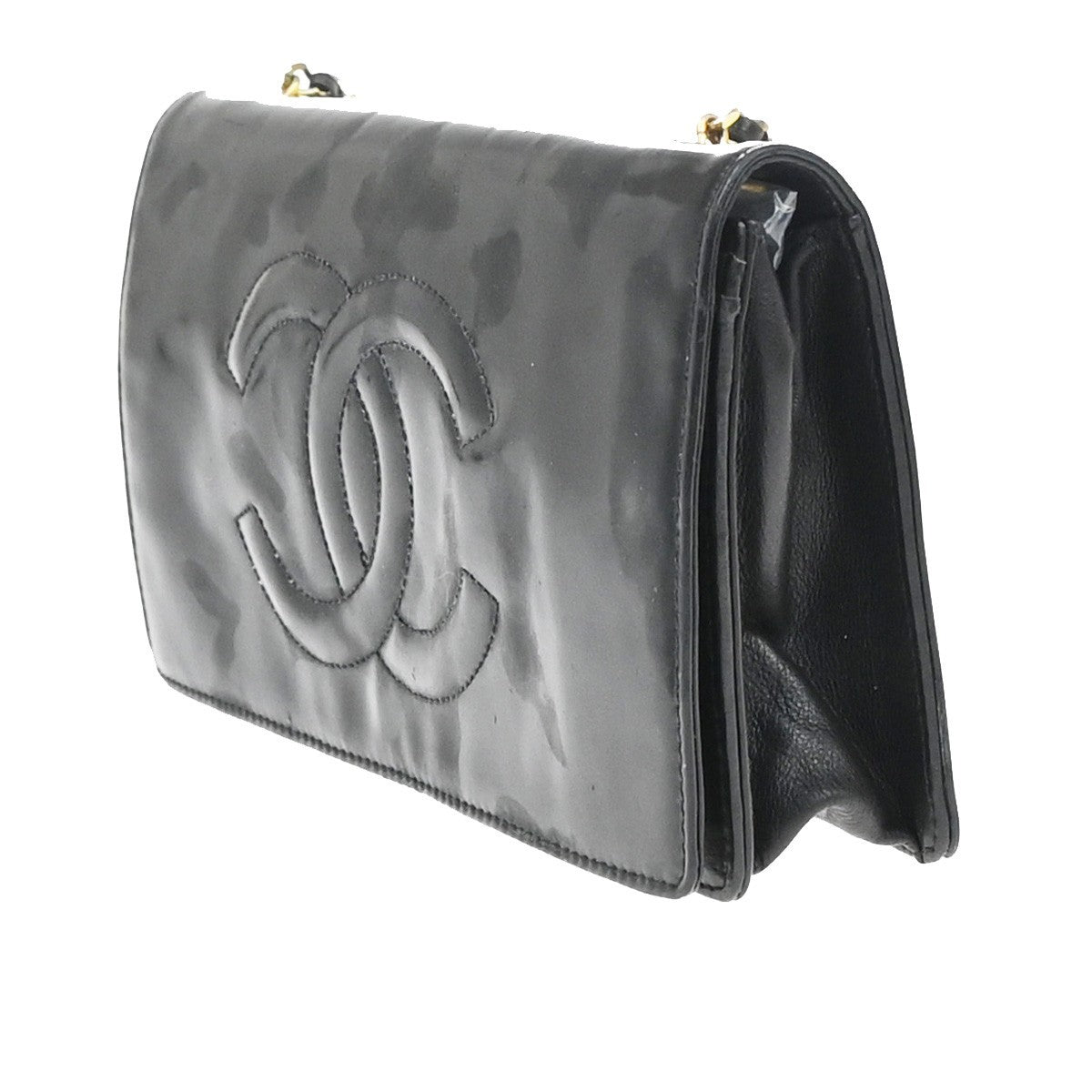 CHANEL CC Logo Mini Chain Wallet Shoulder Bag Patent Leather Black GHW 76RF666