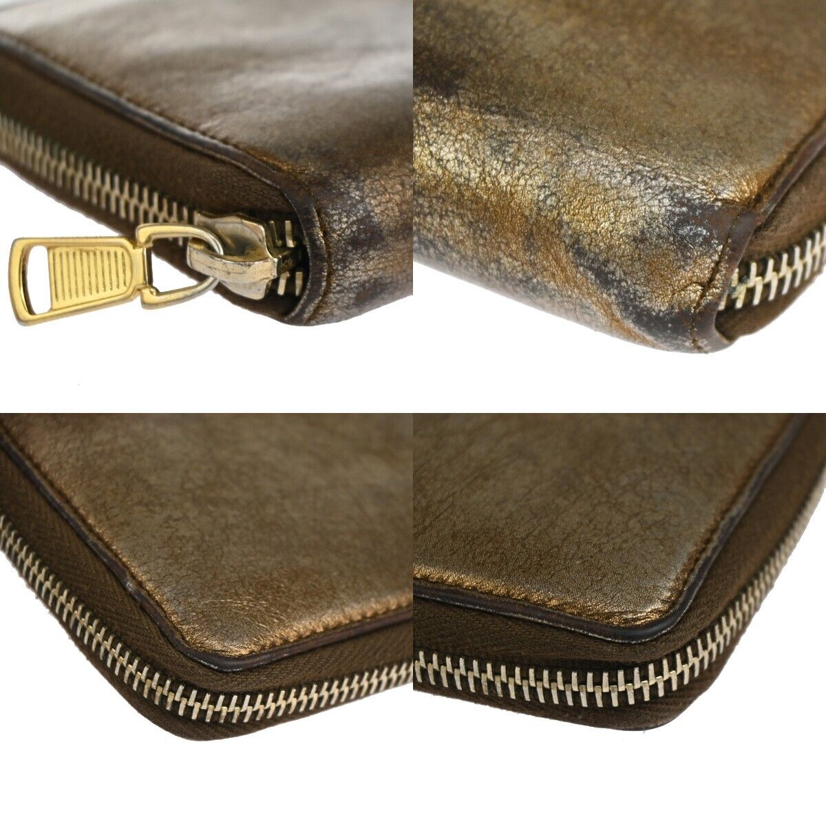 YVES SAINT LAURENT Logo Long Zipper Wallet Purse Leather Metallic Gold 07HB850