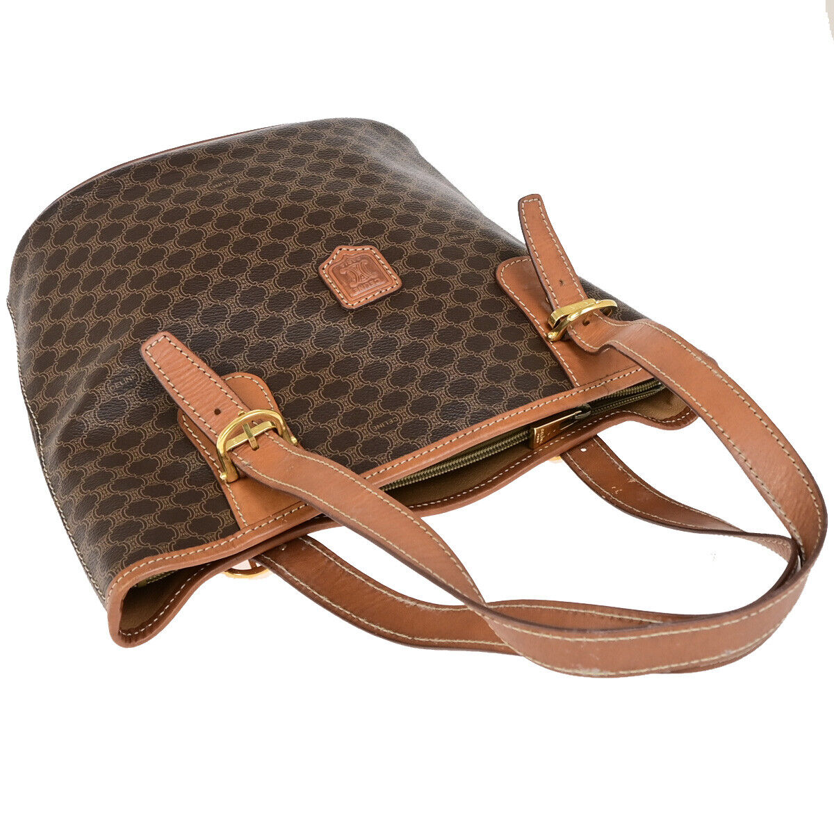 CELINE Logo Macadam Pattern Shoulder Tote Bag PVC Leather Brown GHW 62SJ475