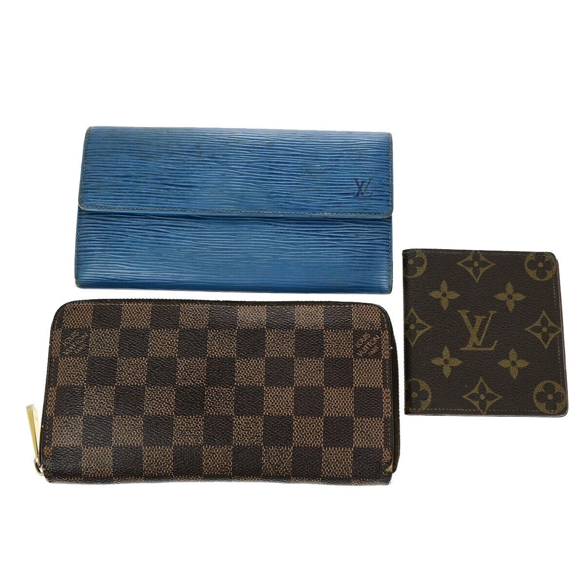 LOUIS VUITTON 3 Set Wallet Monogram Damier Ebene Epi Leather Brown Blue 04EE020