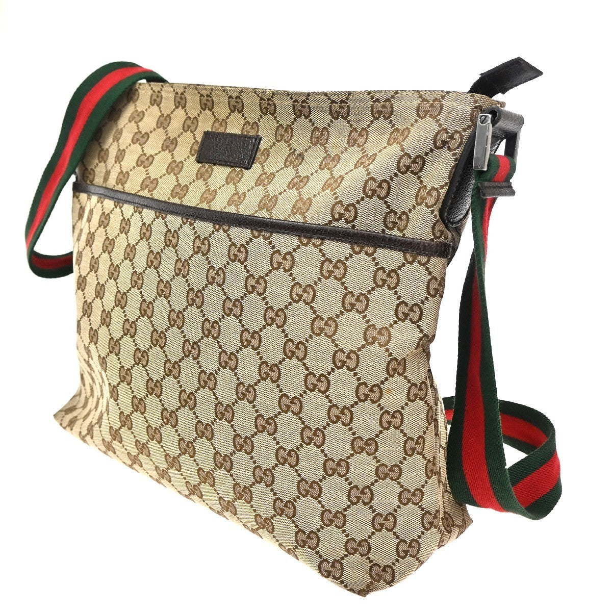 GUCCI Logo GG Pattern Web Messenger Bag Canvas Leather Brown SHW Italy 34KC493