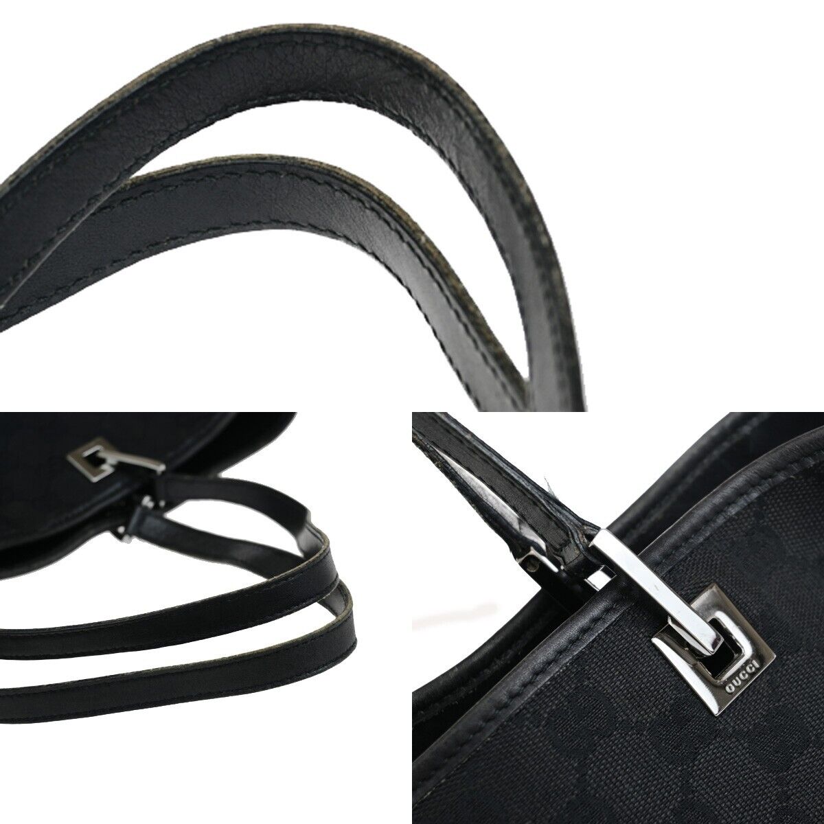 GUCCI Logo GG Pattern Shoulder Tote Bag Canvas Leather Black GHW Italy 62EC530