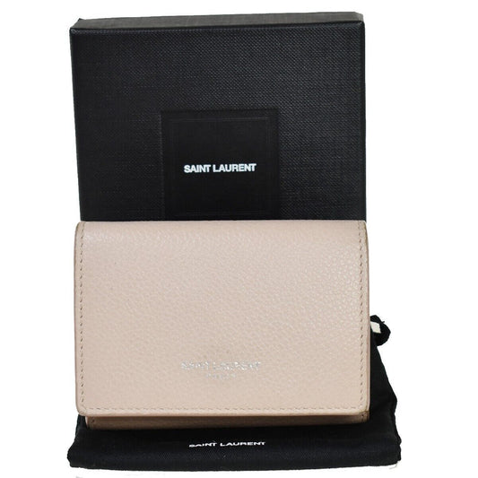 SAINT LAURENT YSL Logo Trifold Wallet Purse Leather Pink Beige Italy 05JH713