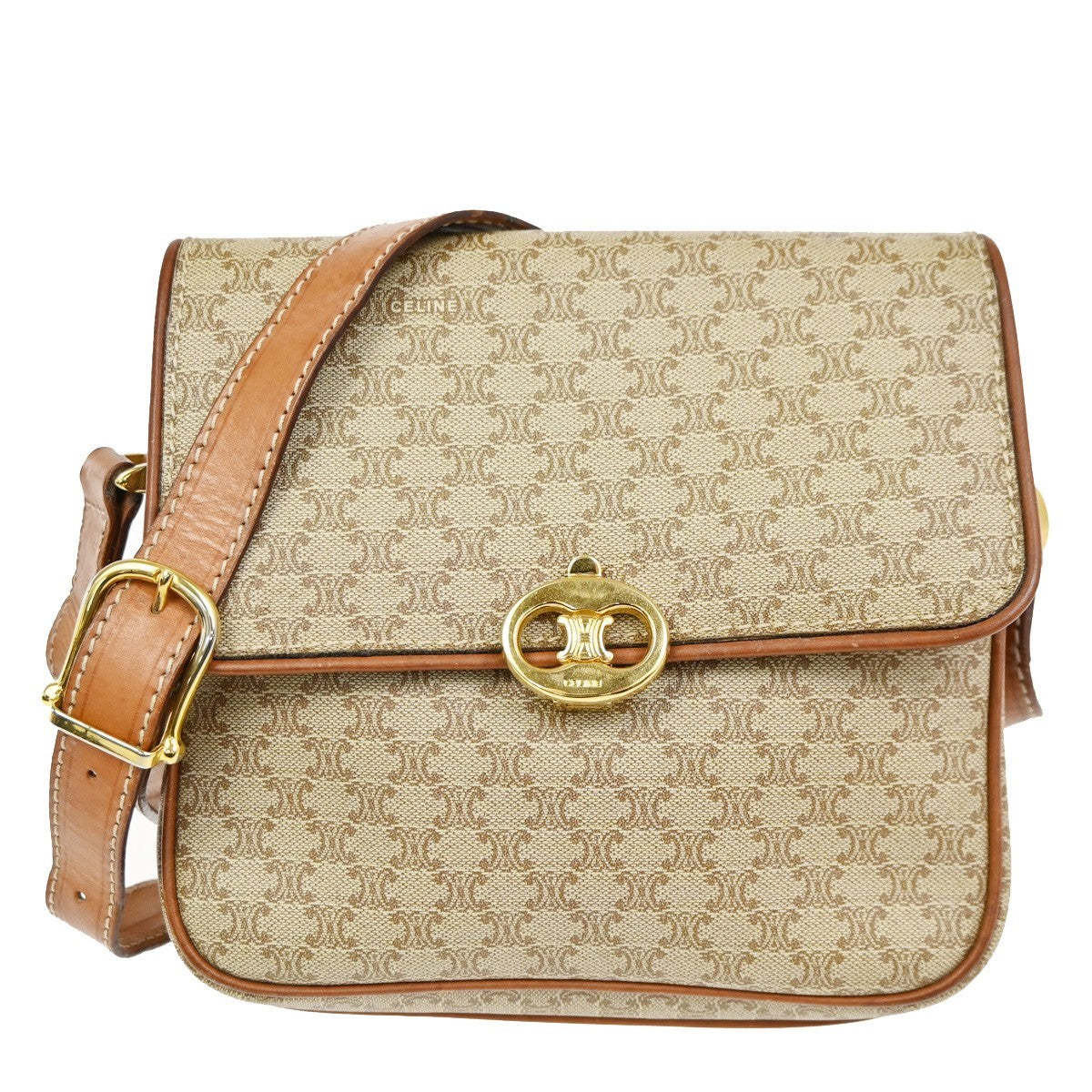 CELINE Logo Macadam Pattern Shoulder Bag PVC Leather Beige GHW Italy 67CA718