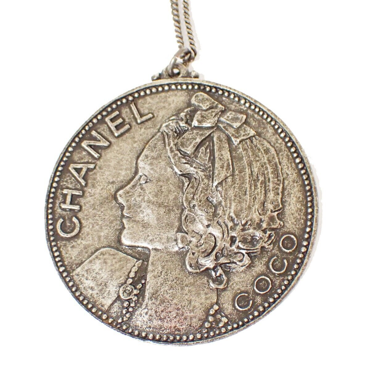 CHANEL CC Logo Coco Mademoiselle Pendant Necklace Silver Italy Accessory 88YD190