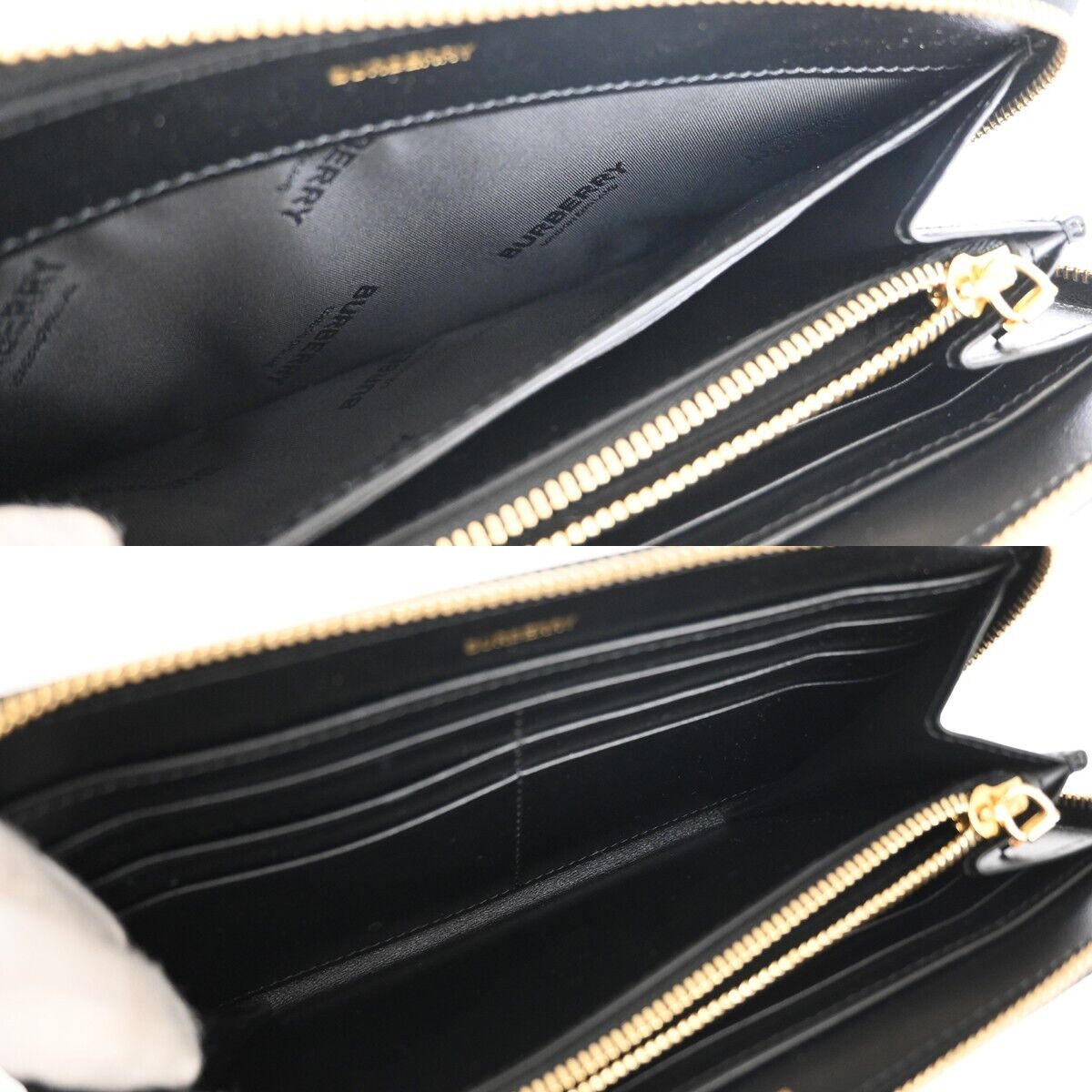BURBERRY Logo  Zipper Long Wallet Purse Leather Black Gold Italy 31KA118