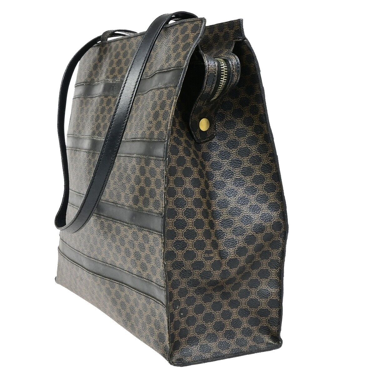 CELINE Logo Macadam Pattern Shoulder Tote Bag PVC Leather Black Italy 66EB346