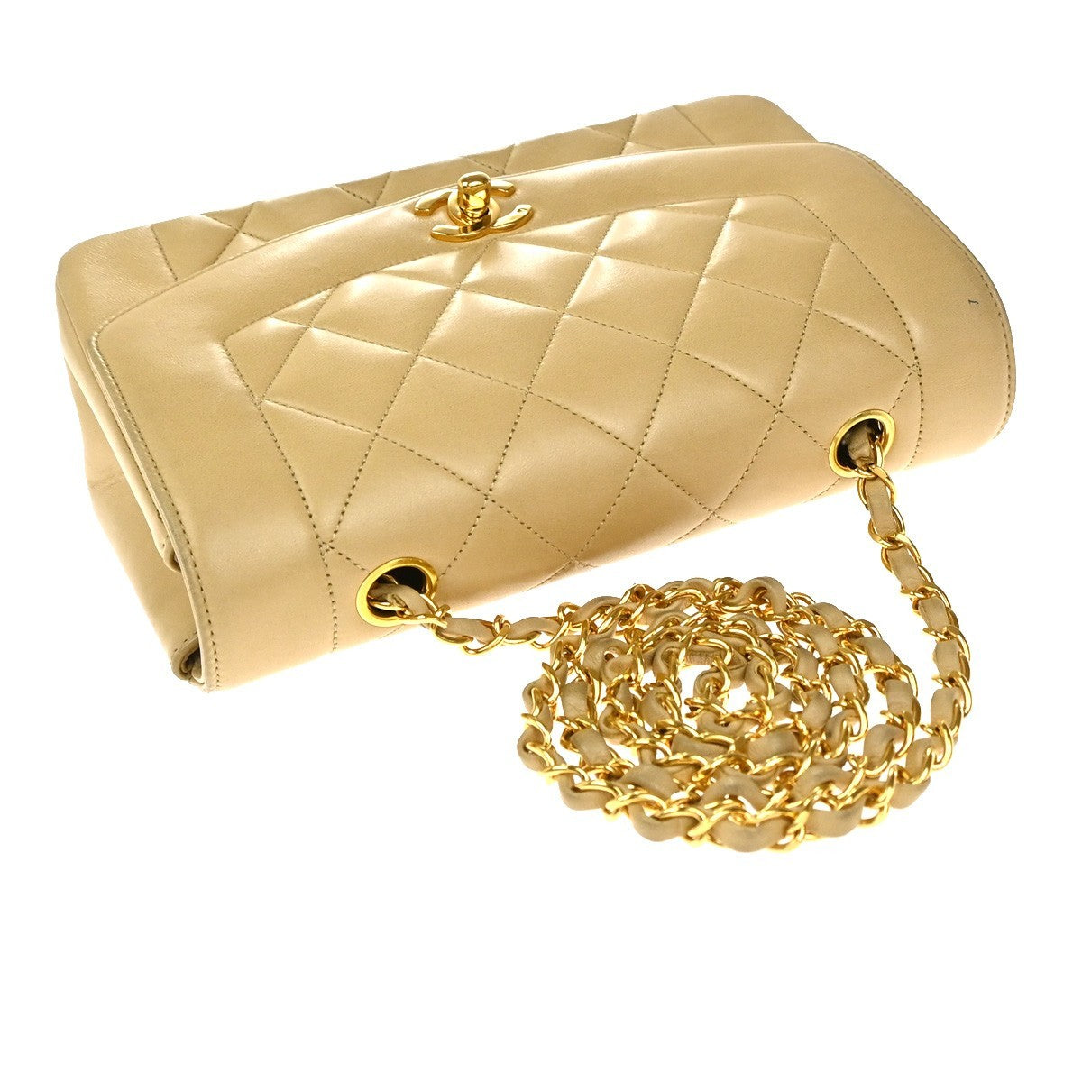 CHANEL CC Diana Matelasse 22 Chain Shoulder Bag Leather Beige Vintage 850RP130