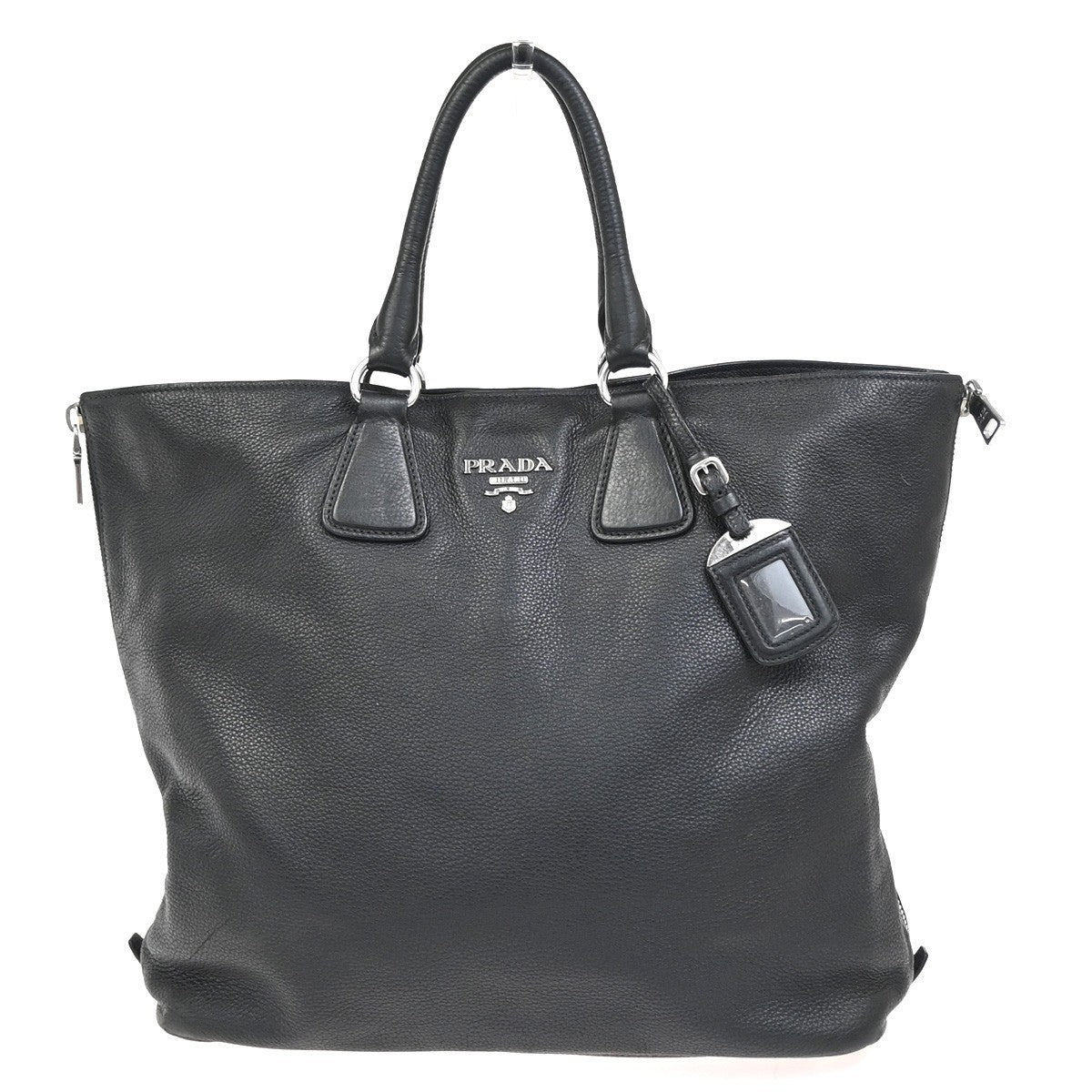 PRADA Logo Shoulder Hand Tote Bag Vitello Daino Leather Black SHW 87KC950