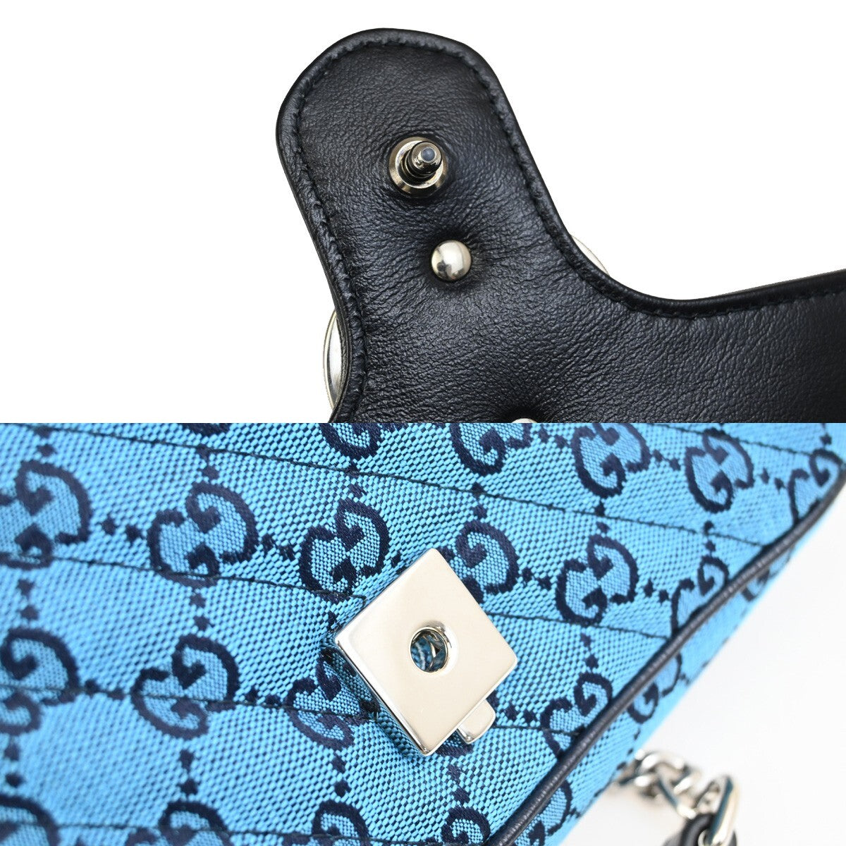 GUCCI GG Pattern Marmont Chain Shoulder Bag Canvas Leather Blue SHW 631RF272