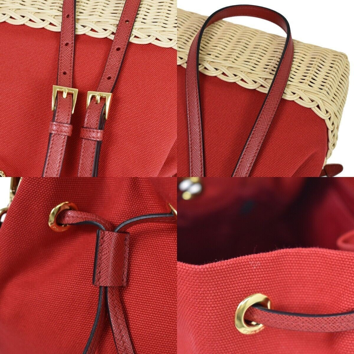 PRADA Logo Plage Wicker 2Way Shoulder Hand Bag Canvas Leather Red Gold 678RH125