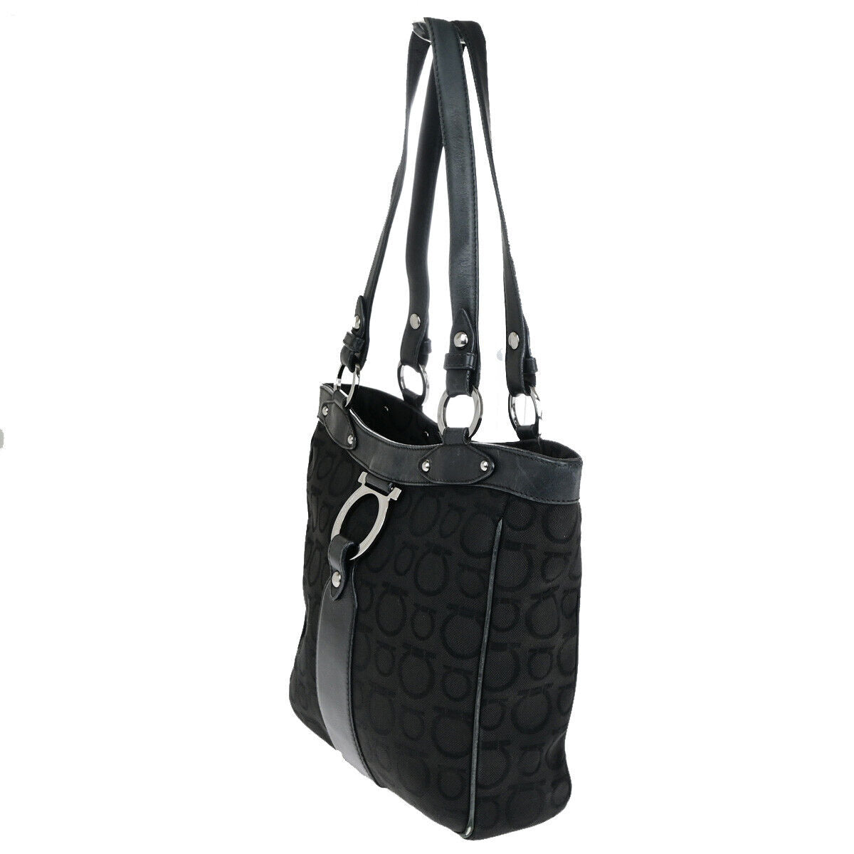 SALVATORE FERRAGAMO Gancini Tote Shoulder Bag Canavs Leather Black SHW 09YF536