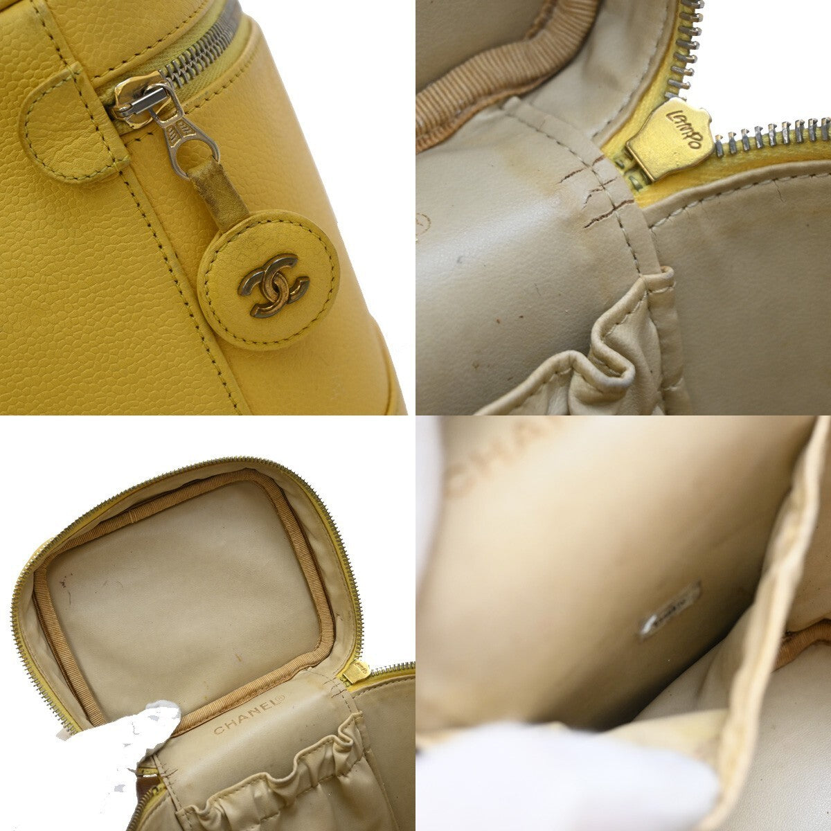 CHANEL Vanity Cosmetic Hand Bag Grained Calfskin Leather Yellow Vintage 93RF437