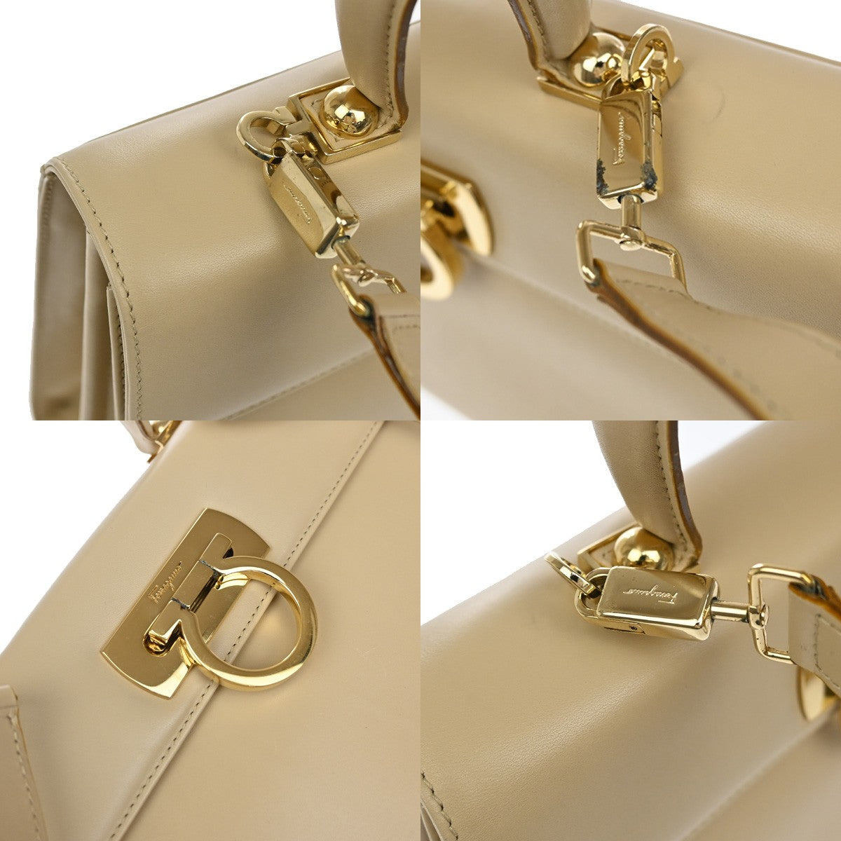 SALVATORE FERRAGAMO Gancini 2way Shoulder Hand Bag Leather Beige GHW 79RL329