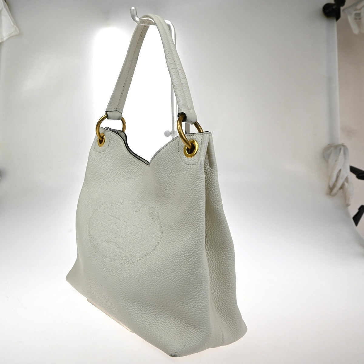 PRADA  Embossing LOGO One Shoulder Tote Bag Leather White GHW 12TA705