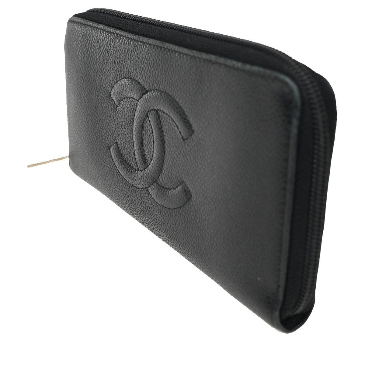 CHANEL CC Logo Zip Around Long Wallet Grained Calfskin Leather Black SHW 70RL612