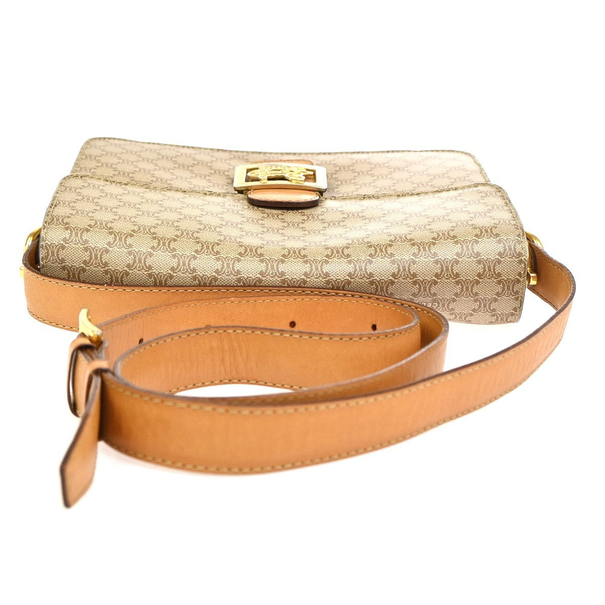 CELINE Logo Horse Carriage Macadam Shoulder Bag PVC Leather Beige GHW 30KC949