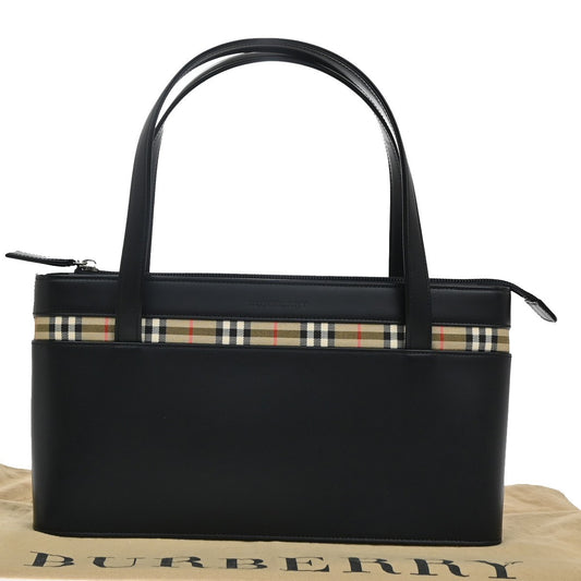 BURBERRY Logo Nova Check Shoulder Tote Bag Leather Canvas Black Beige 36RL524