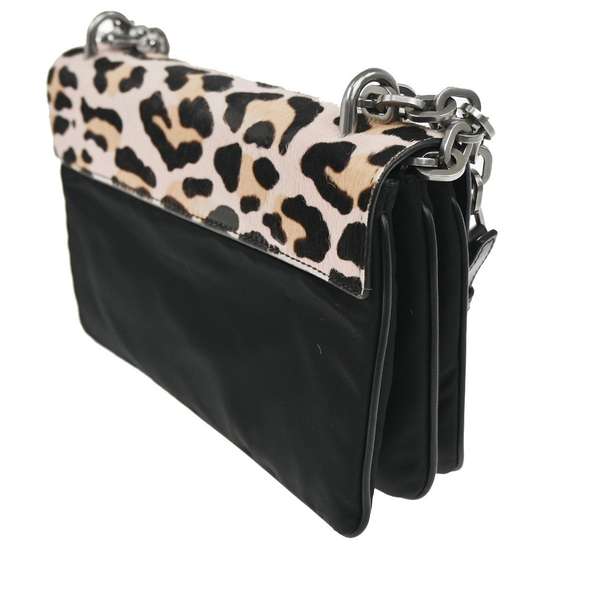52.Live PRADA MILANO Leopard Chain Shoulder Bag Hair on Leather Nylon 99KC004