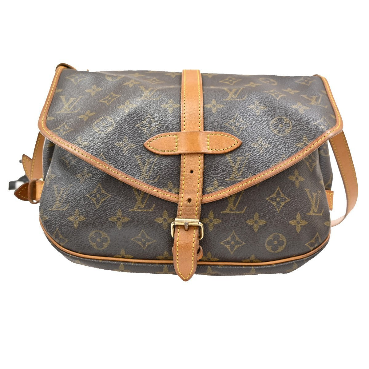 LOUIS VUITTON Logo Saumur 30 Shoulder Bag Monogram Leather Brown 73TA035