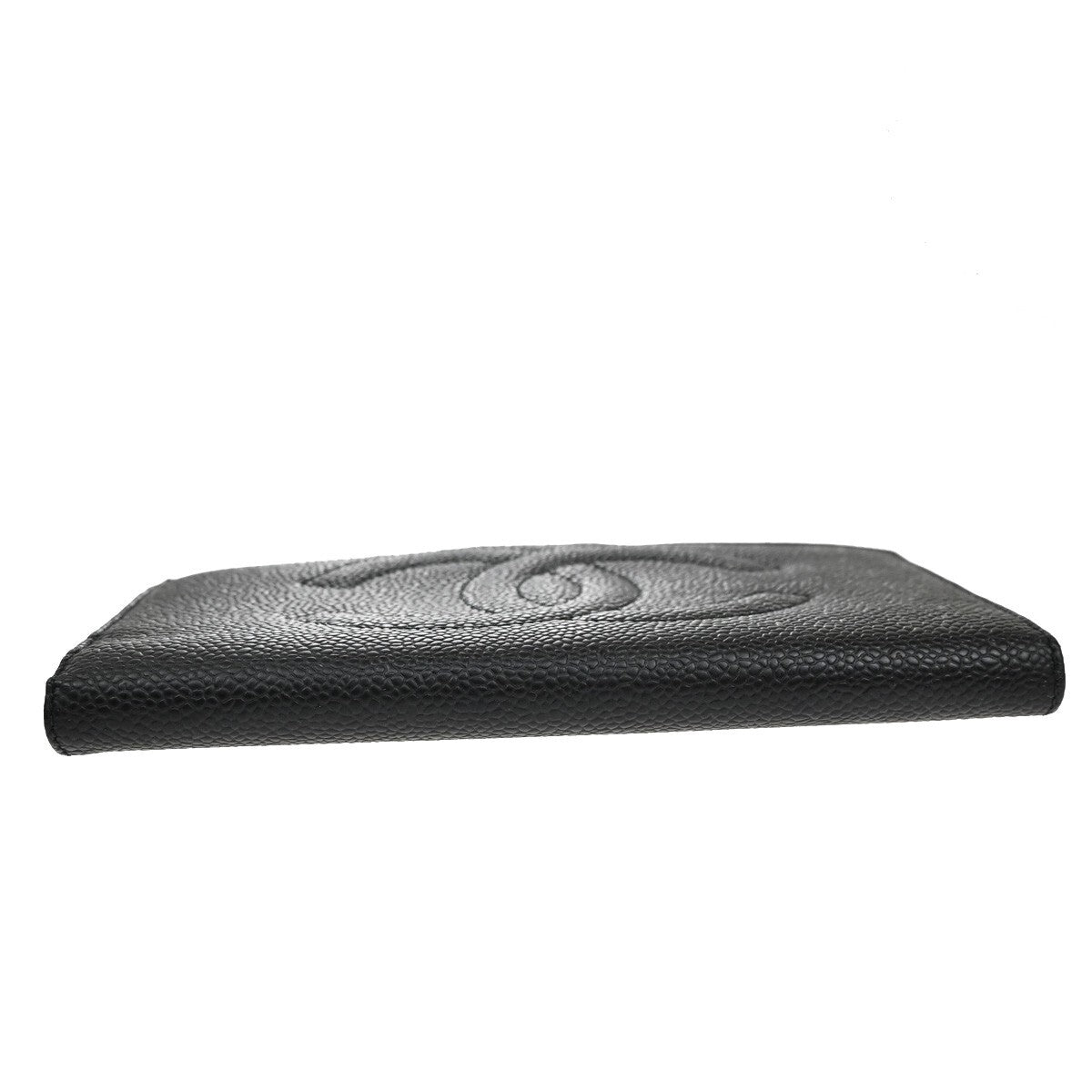 CHANEL CC LOGO Long Bifold Wallet Grained Calfskin Leather Black France 77RL156