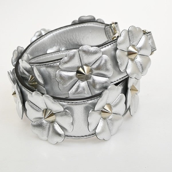 FENDI Logo Bag Shoulder Strap Flower Studs Leather Silver SHW Italy 30KP491