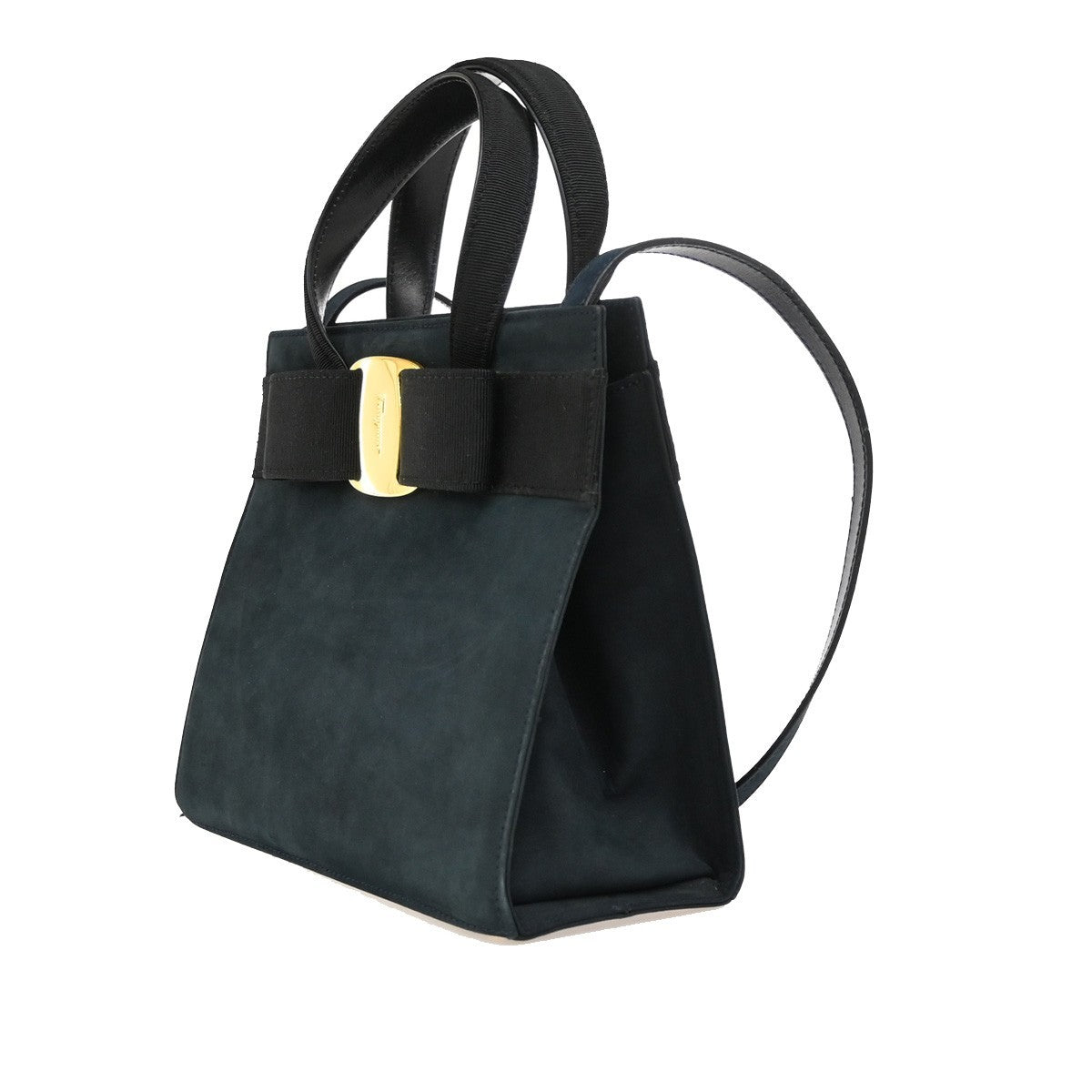 SALVATORE FERRAGAMO Vara 2Way Shouldr Hand Bag Suede Leather Navy Blue 36RF460
