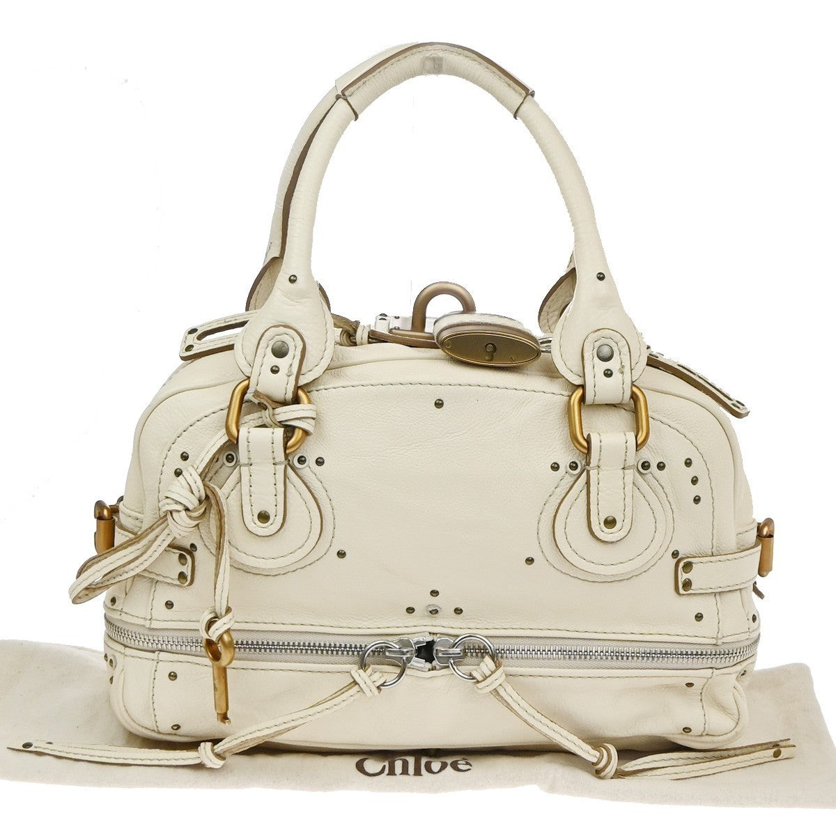 CHLOE Logo Paddington Shoulder Hand Bag Leather Padlock Ivory GHW Italy 25RQ005