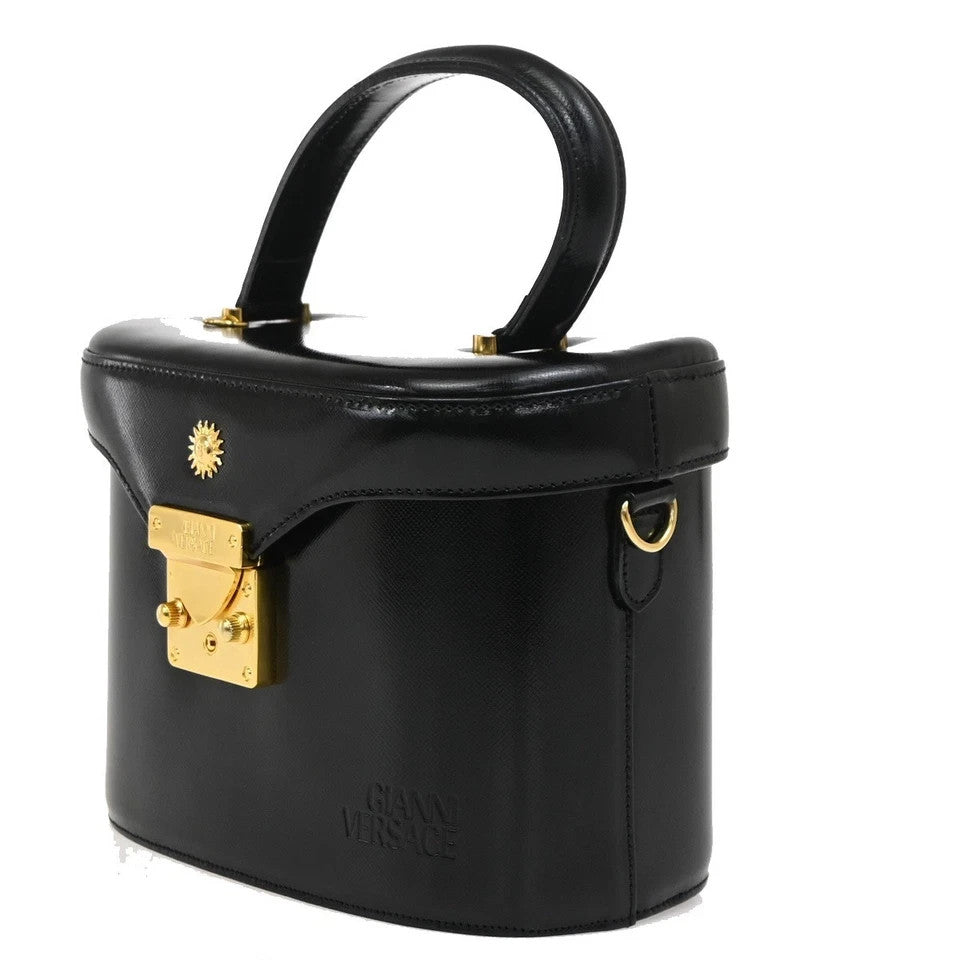 9.Live GIANNI VERSACE Sun Vanity Hand Bag Leather Black Gold-Plated 33KB766