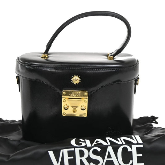 9.Live GIANNI VERSACE Sun Vanity Hand Bag Leather Black Gold-Plated 33KB766