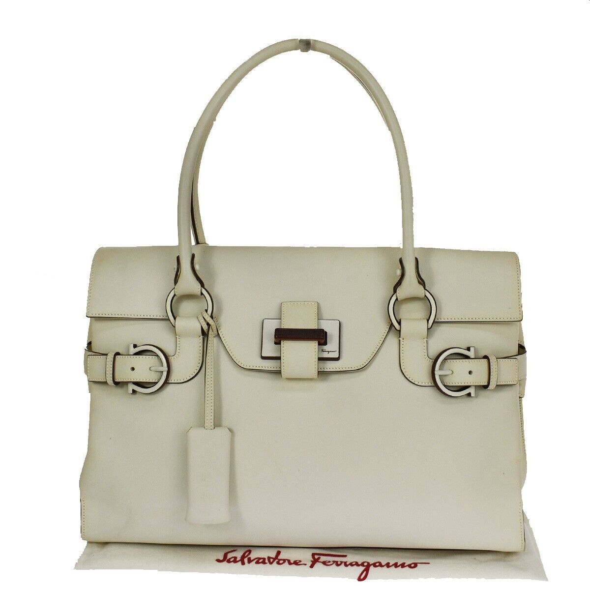 SALVATORE FERRAGAMO Logo Tote Shoulder Bag Leather off white Brown Italy 66SH069