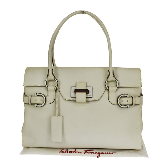SALVATORE FERRAGAMO Logo Tote Shoulder Bag Leather off white Brown Italy 66SH069