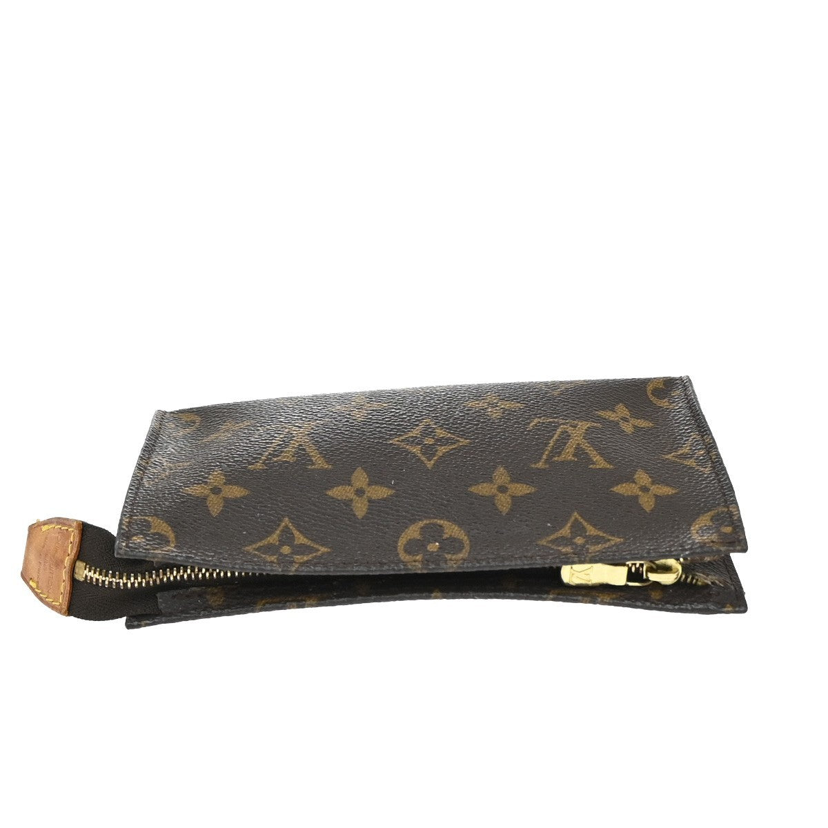 LOUIS VUITTON LV Logo Bucket PM Pouch Bag Monogram Leather Brown Gold 05EG107